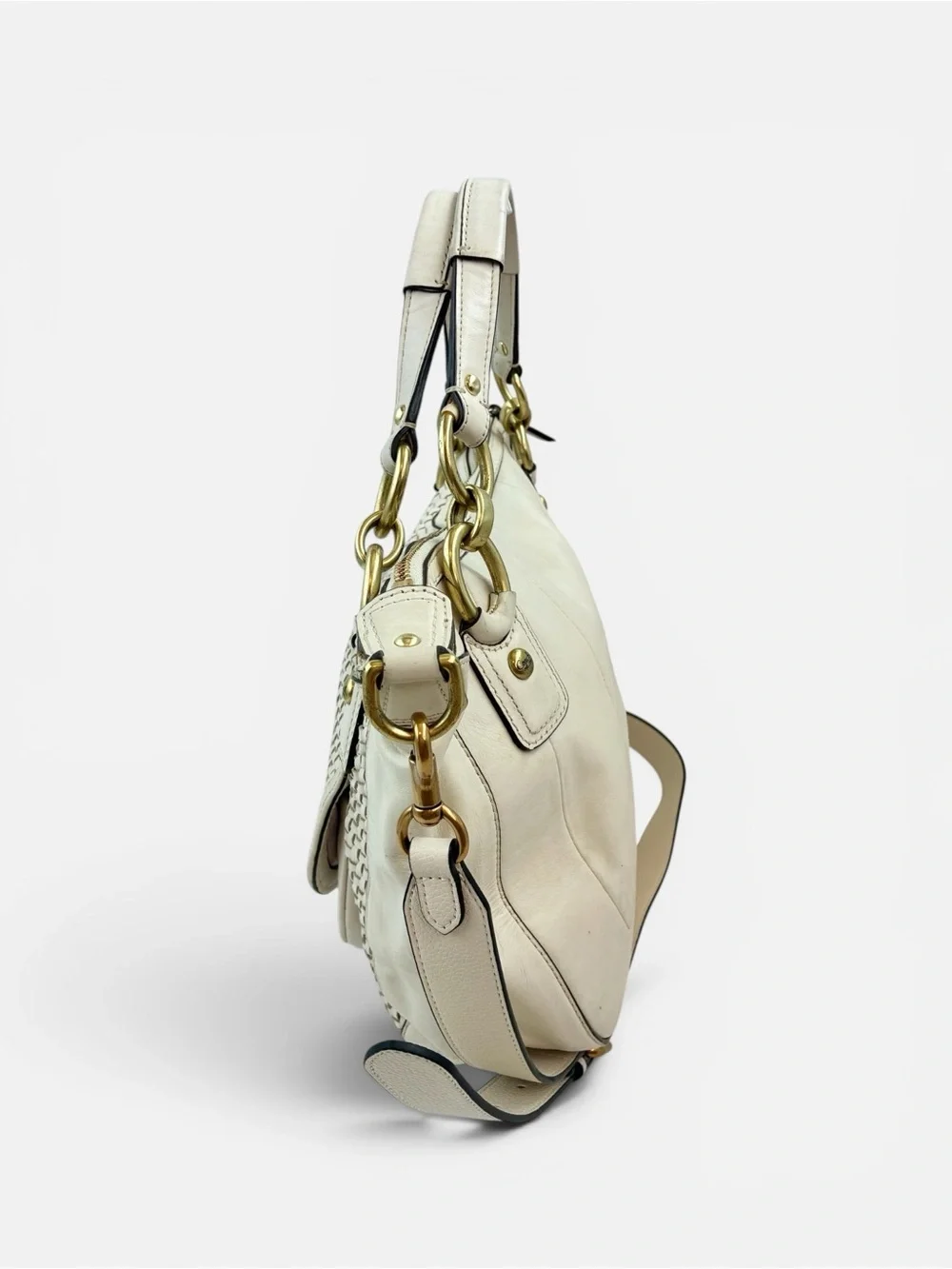 Coach Kristin Woven Leather Hobo Shoulder Bag Ivory Cream Gold Tone